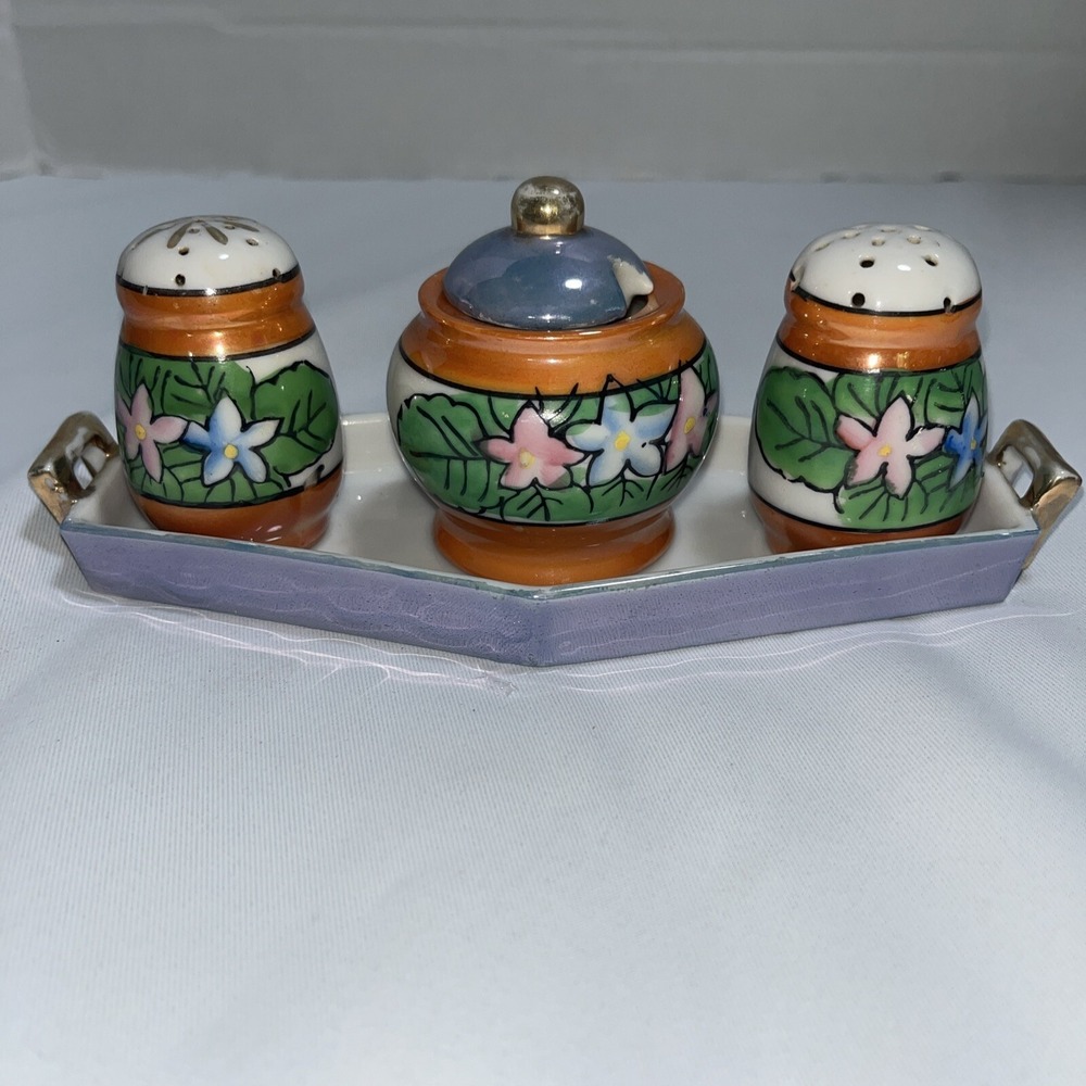 Vtg Lusterware Condiment Set Salt Pepper & Mustard Jar / Tray Hand Painted Japan